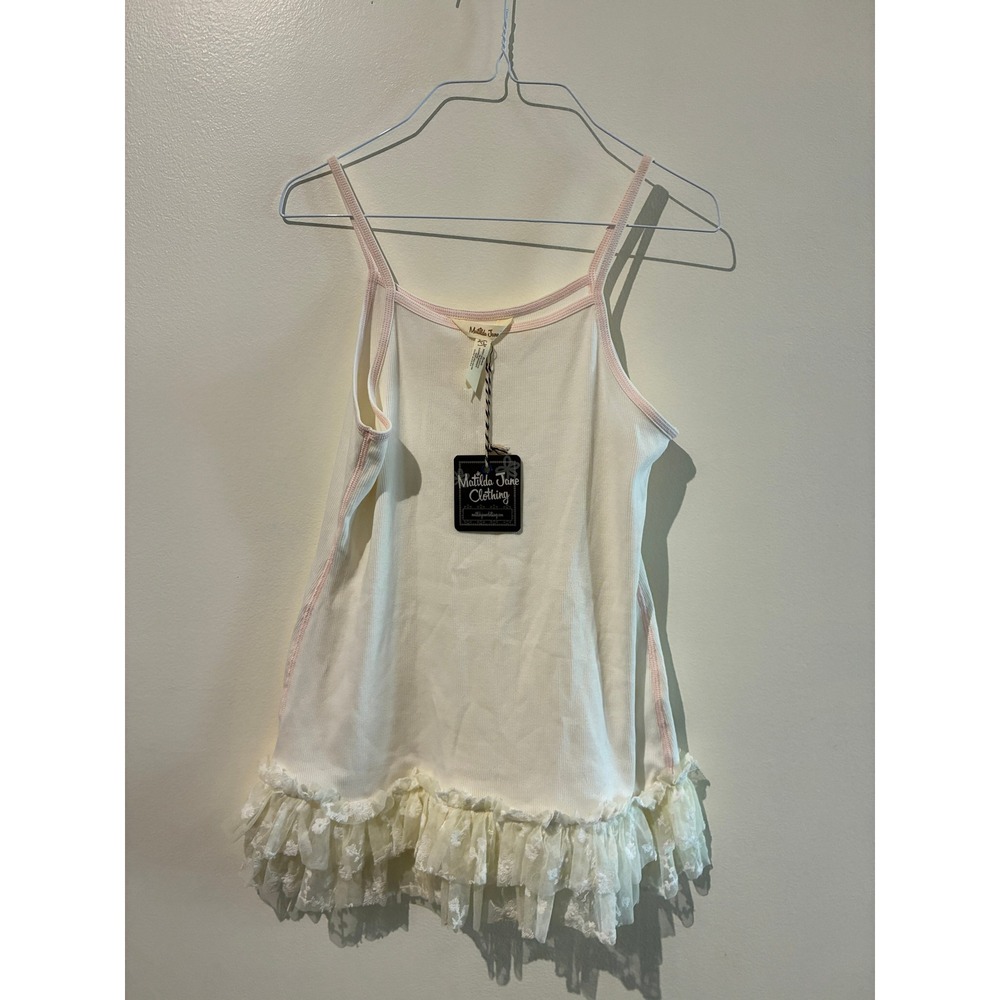 Matilda Jane Girls Size 12 Cream Ribbed Cami Tank Top Pink Trim Lace Ruffle Hem